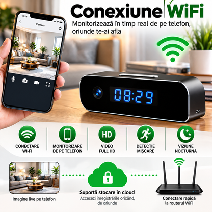 Ceas Digital cu Cameră de Supraveghere WiFi, Full HD 1080P, Viziune Nocturnă, Detecție Mișcare, Microfon, Negru