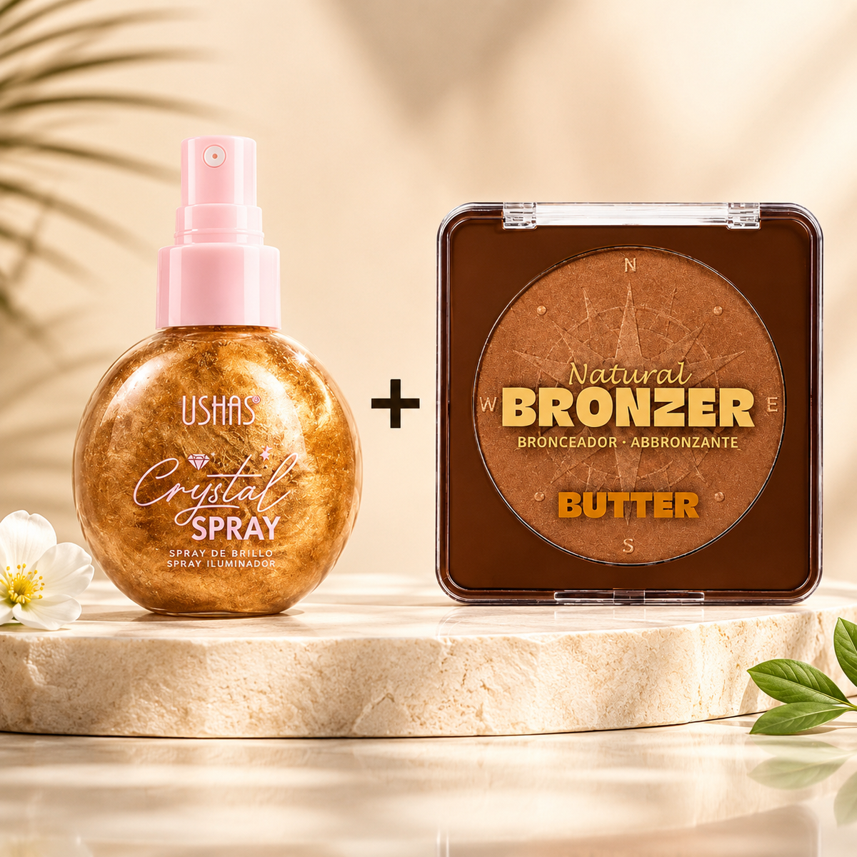 Pachet Glow Perfect USHAS – Spray Iluminator Față & Corp + Bronzer Butter