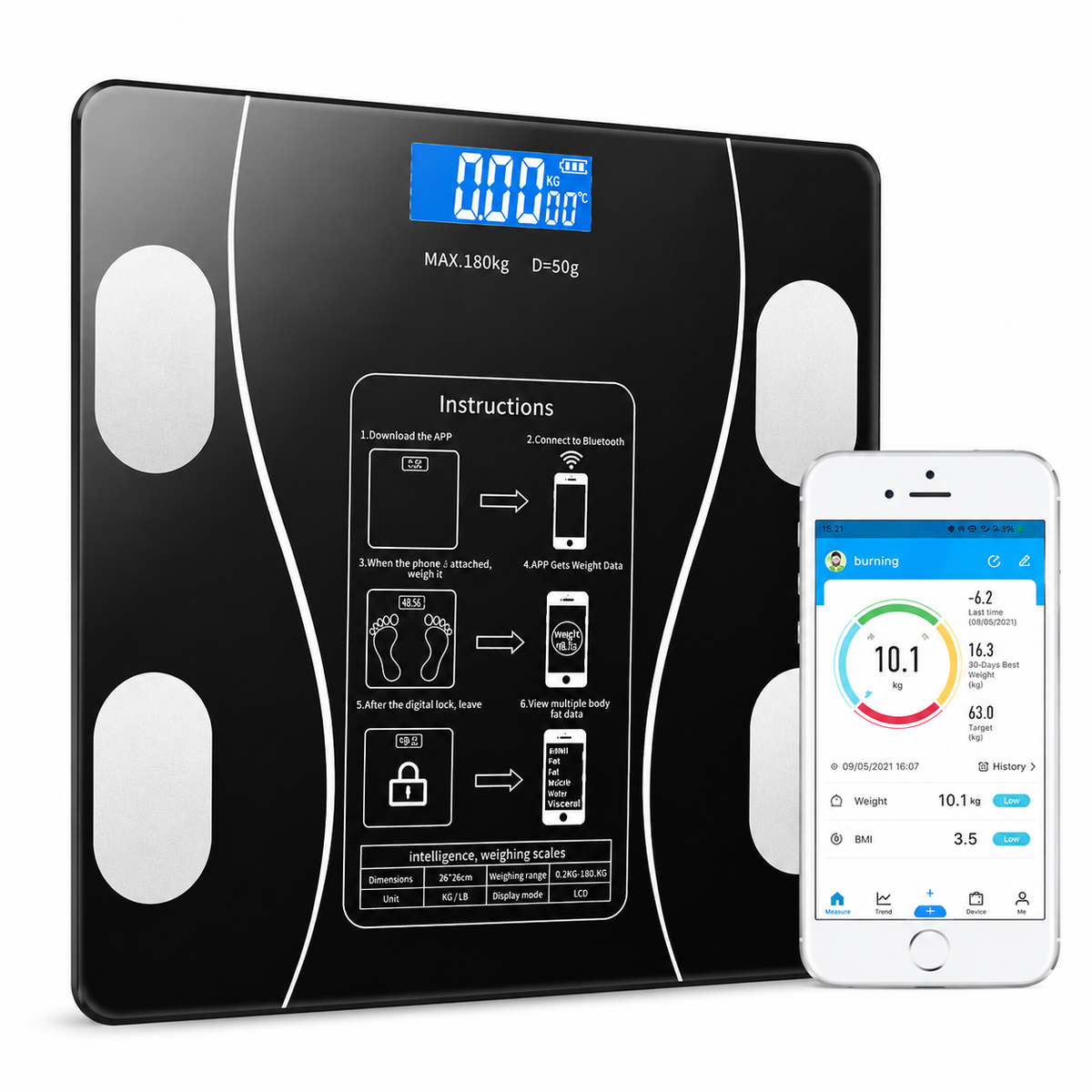 Cantar Smart Bluetooth cu Analiza Corporala Completa, IMC, Grasime, Masa Musculara si Apa Corporala, Aplicatie Android/iOS, Display LED, 180 Kg, Sticla Securizata PromotiiZilnice