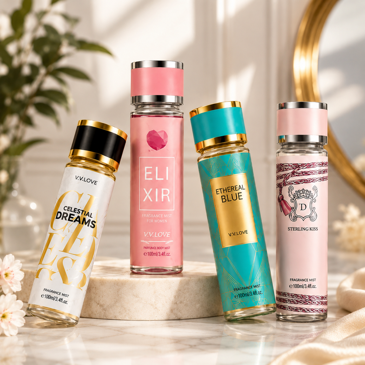 Set 4 Spray-uri de Corp V.V. LOVE pentru Femei, 4 x 100 ml, Arome Parfumate