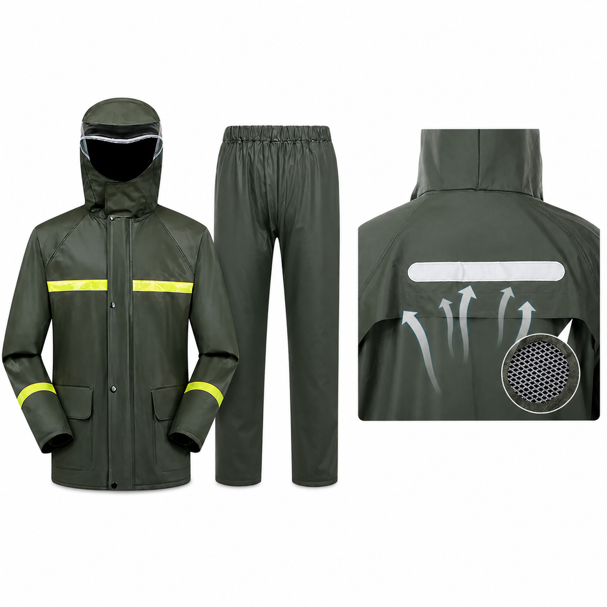 Costum Impermeabil Ploaie Profesional, Set Geaca si Pantaloni, Cu Gluga, Respirabil, Reflectorizant, Protectie Completa Exterior-Marime Universala-