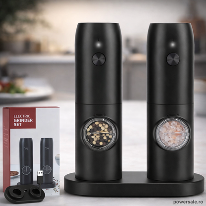 Set 2 Râșnițe Electrice Sare și Piper Reîncărcabile USB, Râșniță Automată Condimente cu Măcinare Reglabilă și Suport Încărcare