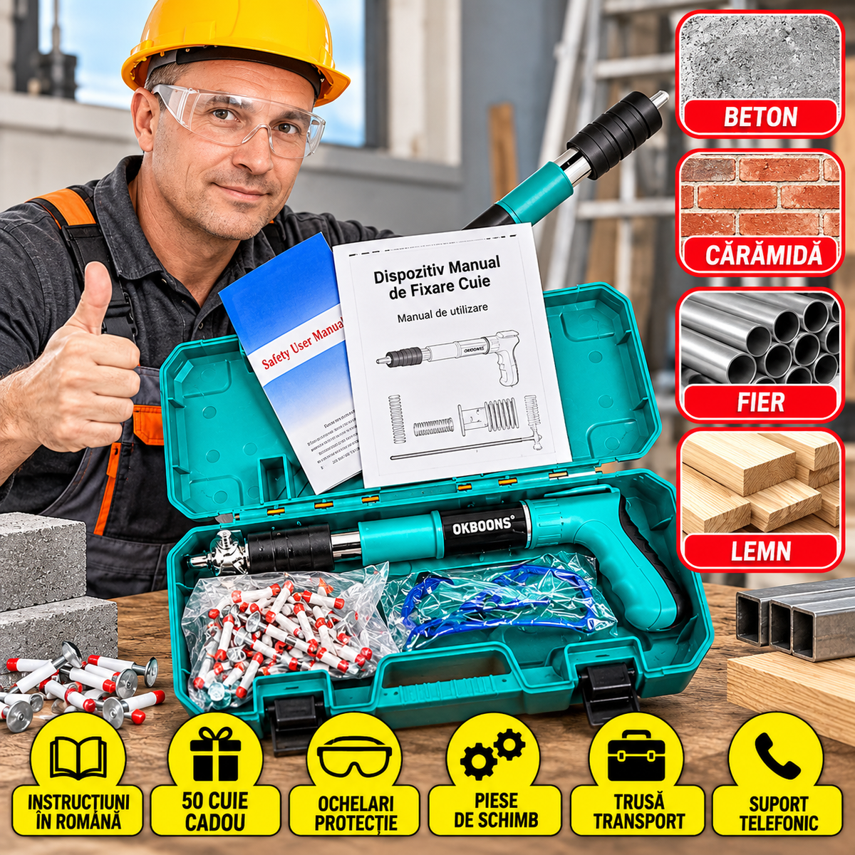 Kit Dispozitiv Manual pentru Fixare Cuie, 50 Cuie, Ochelari de Protecție, Accesorii și Trusă