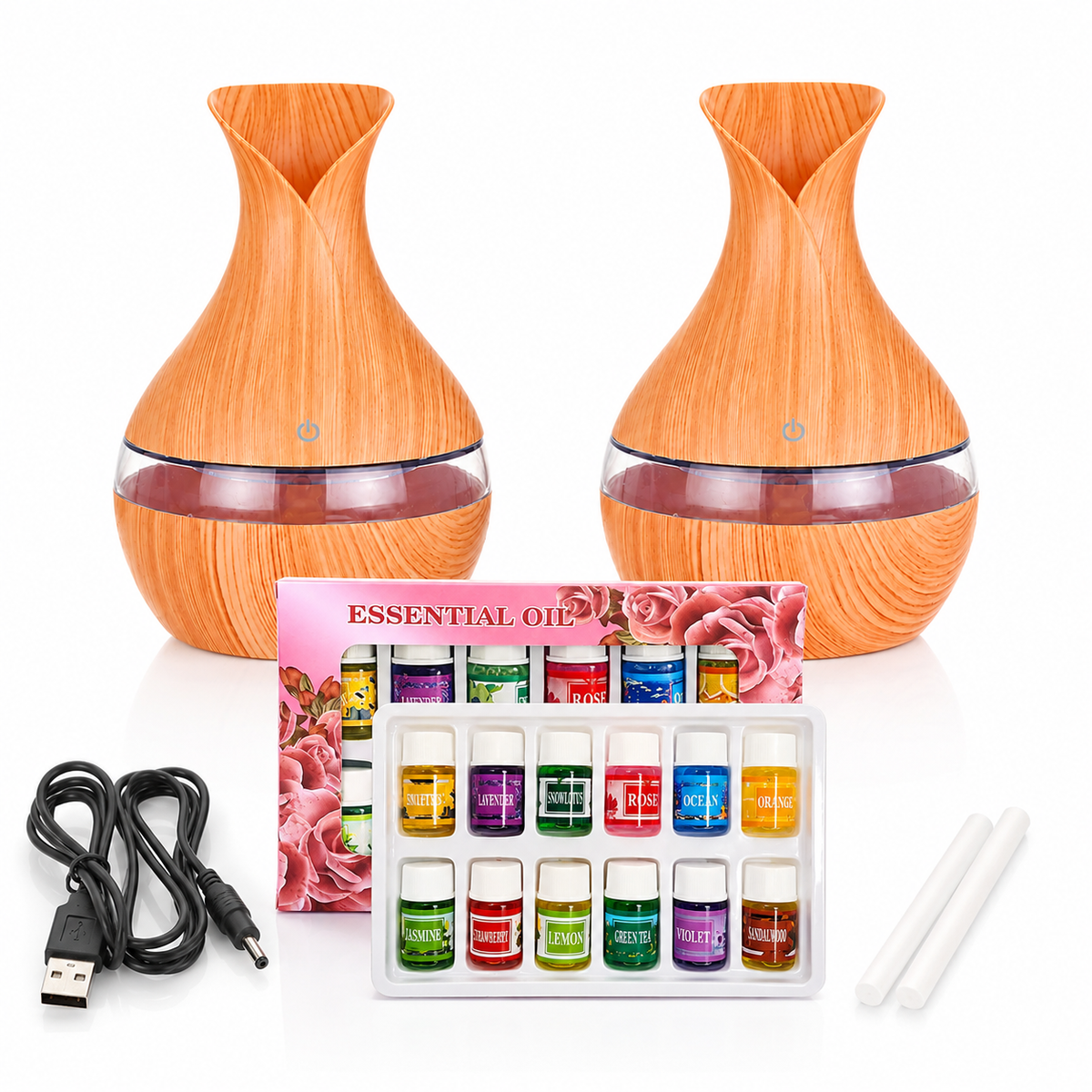 Set 2 Umidificatoare cu Ultrasunete, LED + 12 Uleiuri Aromatice