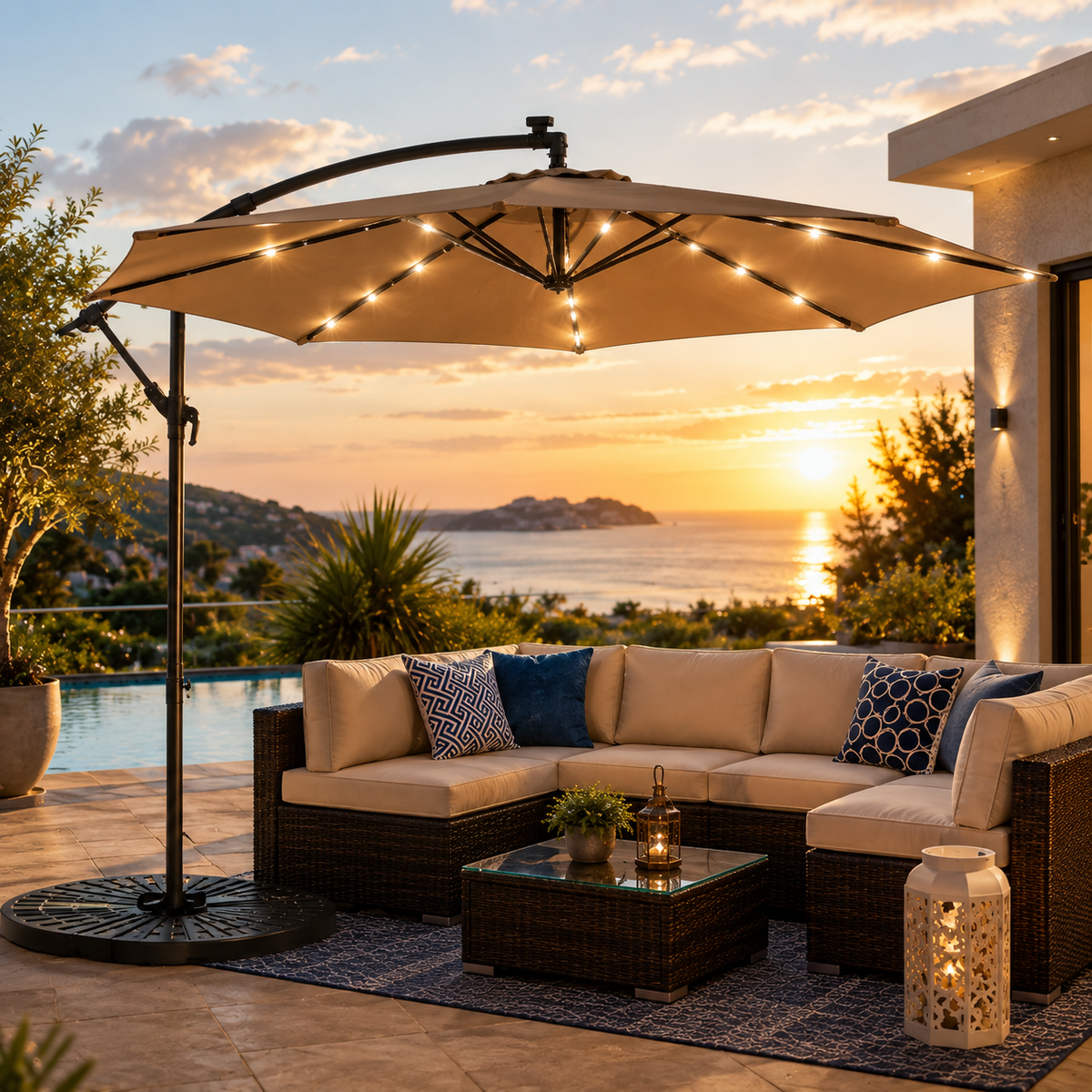 Umbrela Solara de Gradina 305 cm, 24 LED, Inclinare Reglabila, Bej