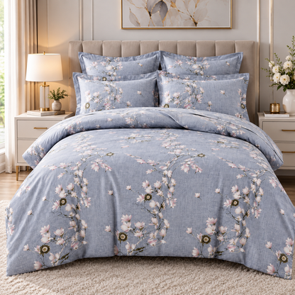 Lenjerie de Pat din Finet, 4 Piese, Model Floral, Gri