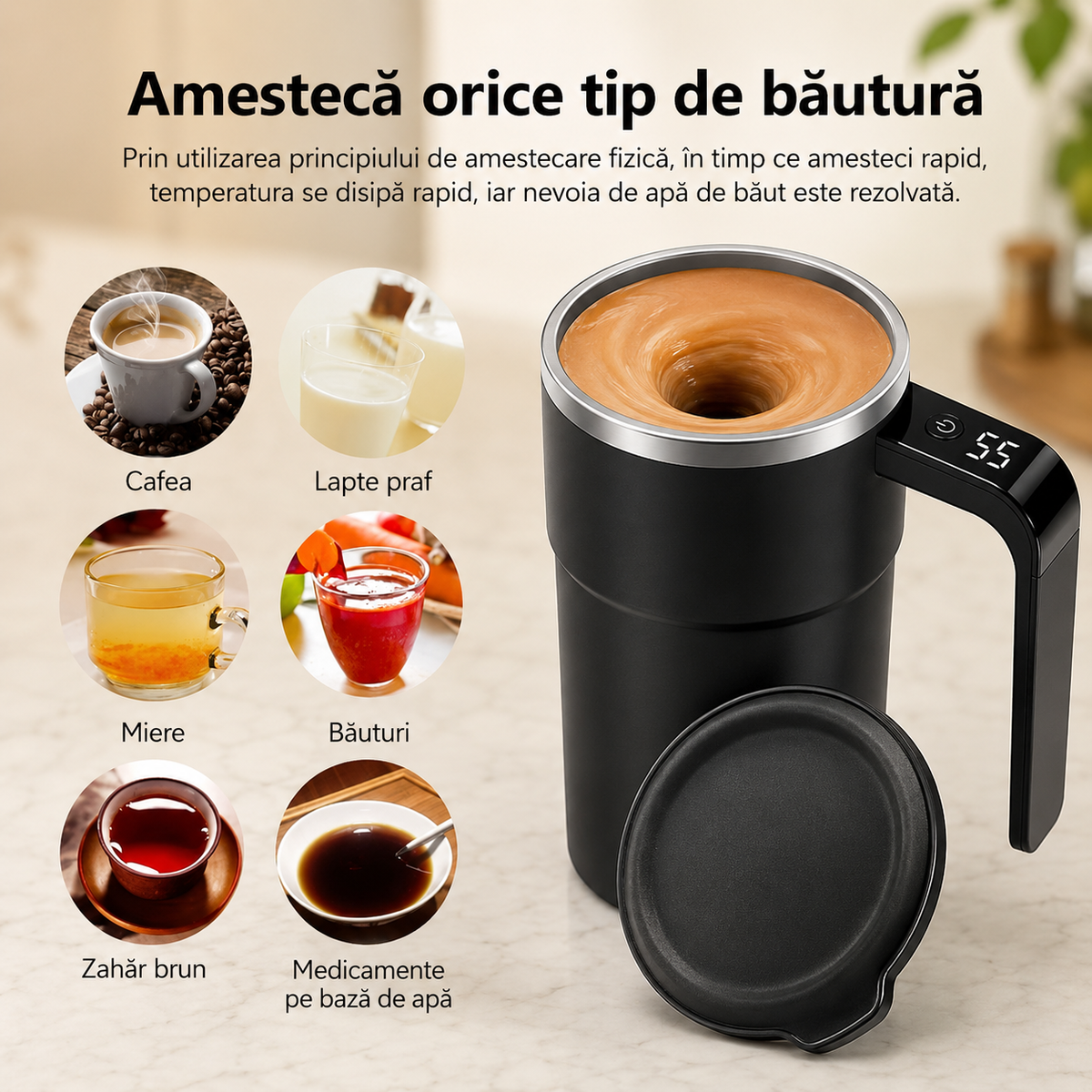 Cană Automată cu Amestecare Magnetică, Inox, Afișaj Temperatură, USB Type-C