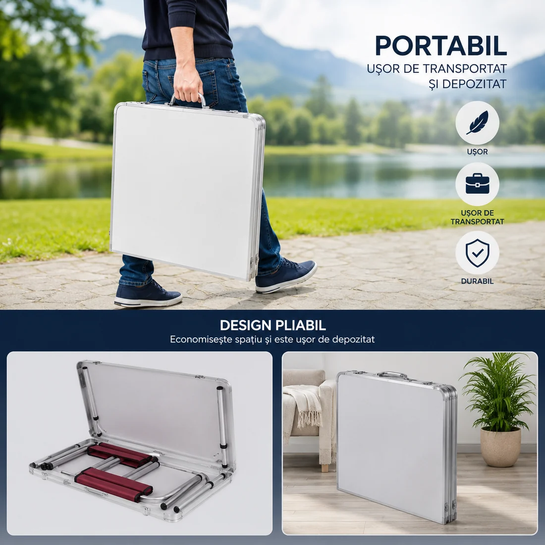Set Camping Pliabil cu Masă și 4 Scaune, Cadru Aluminiu, Tip Geamantan