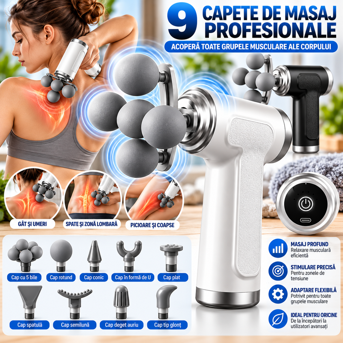 Aparat Electric de Masaj cu 9 Capete Interschimbabile, Cap cu 5 Bile, 6 Trepte de Viteză, Reîncărcabil