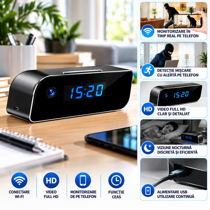 Ceas Digital cu Cameră de Supraveghere WiFi, Full HD 1080P, Viziune Nocturnă, Detecție Mișcare, Microfon, Negru