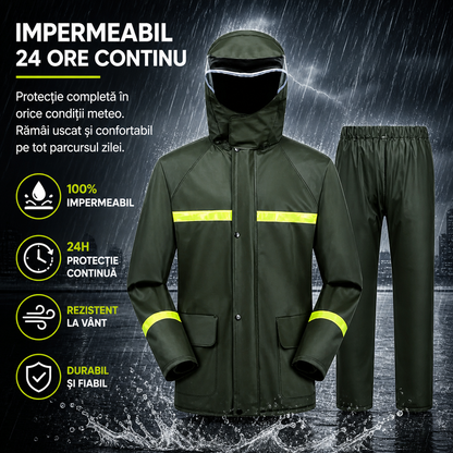 Costum Impermeabil Ploaie Profesional, Set Geaca si Pantaloni, Cu Gluga, Respirabil, Reflectorizant, Protectie Completa Exterior-Marime Universala-