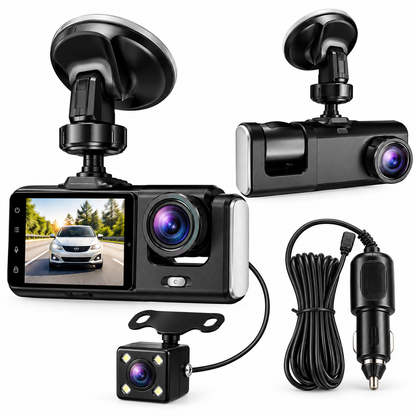 Camera auto DVR 3 canale, fata + interior + spate, Full HD 1080P, unghi larg 170°, ecran 2 inch, vedere nocturna, G-sensor, inregistrare in bucla