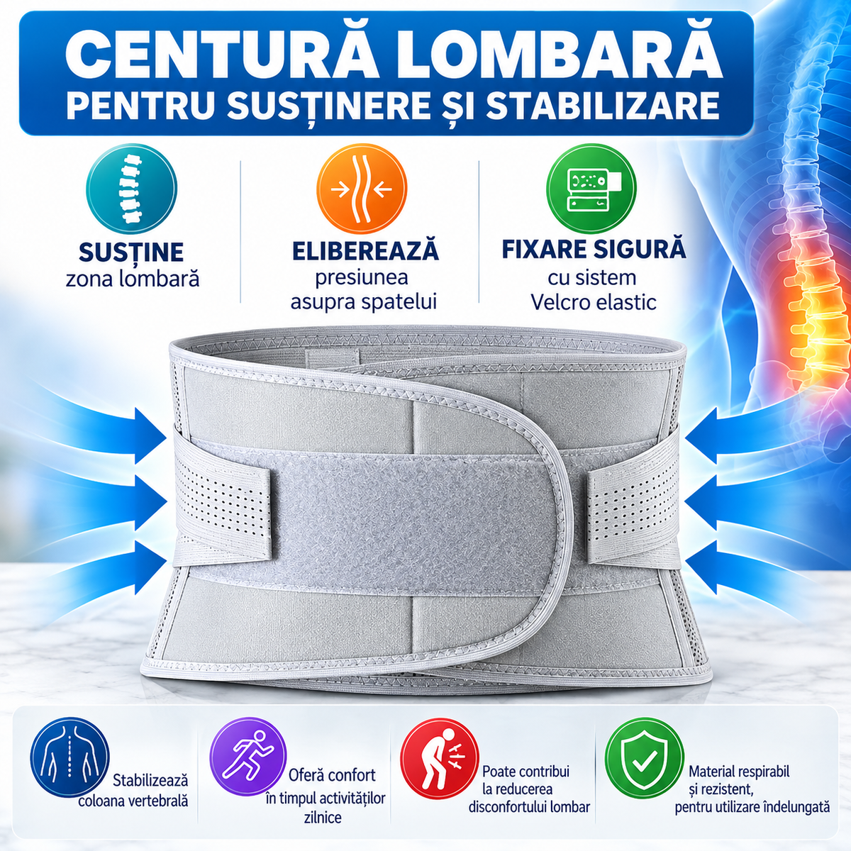 Centură Lombară Ajustabilă, Suport pentru Spate, Compresie Dublă, Material Respirabil, Fixare Velcro, Unisex, Gri
