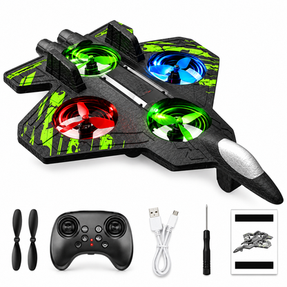 Avion cu Telecomandă RC, Acrobații 360°, Lumini LED Multicolore, Spumă Ușoară, Negru-Verde