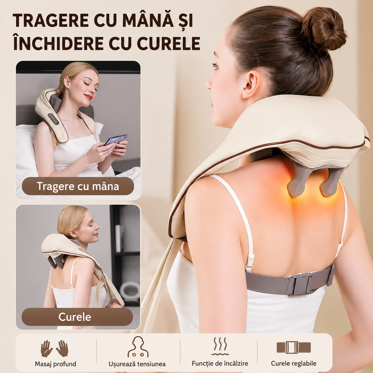 Aparat Masaj Cervical Shiatsu 3D cu Incalzire, Intensitate Reglabila
