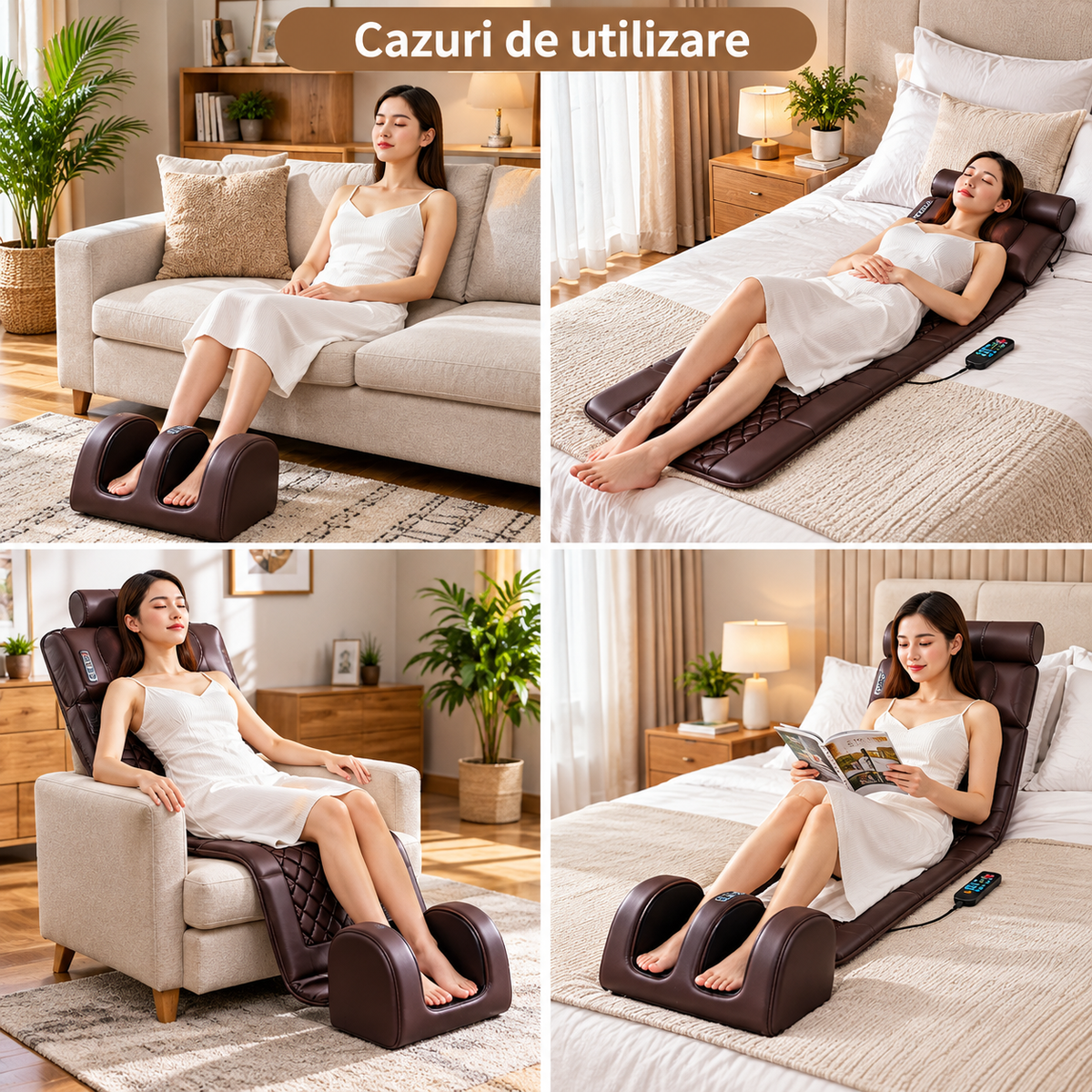 Saltea de Masaj Corporal 5 în 1, cu Încălzire, Shiatsu, Vibrații, Tracțiune cu Aer, 20 Noduri Cervicale, 24 Noduri pentru Picioare, Pliabilă
