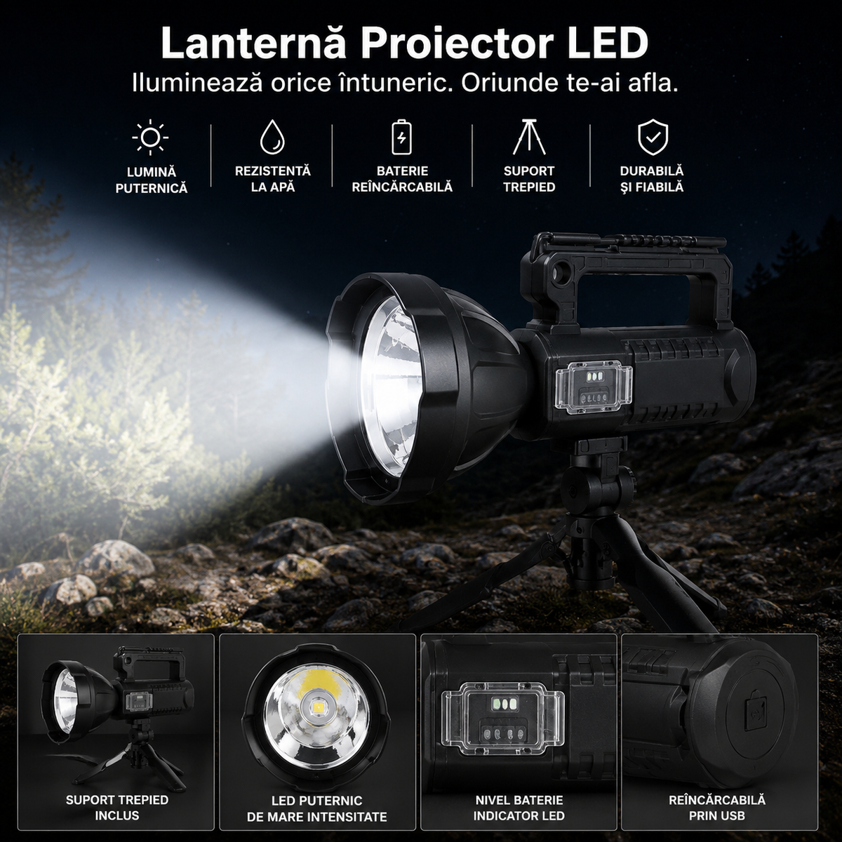 Lanterna LED Profesionala 4000 Lumeni cu Powerbank, Trepied Inclus, 4 Moduri Iluminare, USB, Raza Lunga + CADOU Lanterna Frontala cu Senzor Miscare - Boomsale.ro