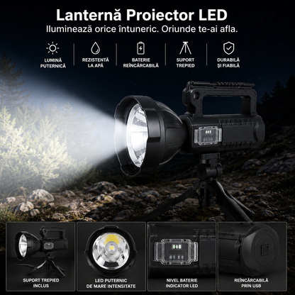 Lanterna LED Profesionala 4000 Lumeni cu Powerbank, Trepied Inclus, 4 Moduri Iluminare, USB, Raza Lunga + CADOU Lanterna Frontala cu Senzor Miscare - Boomsale.ro