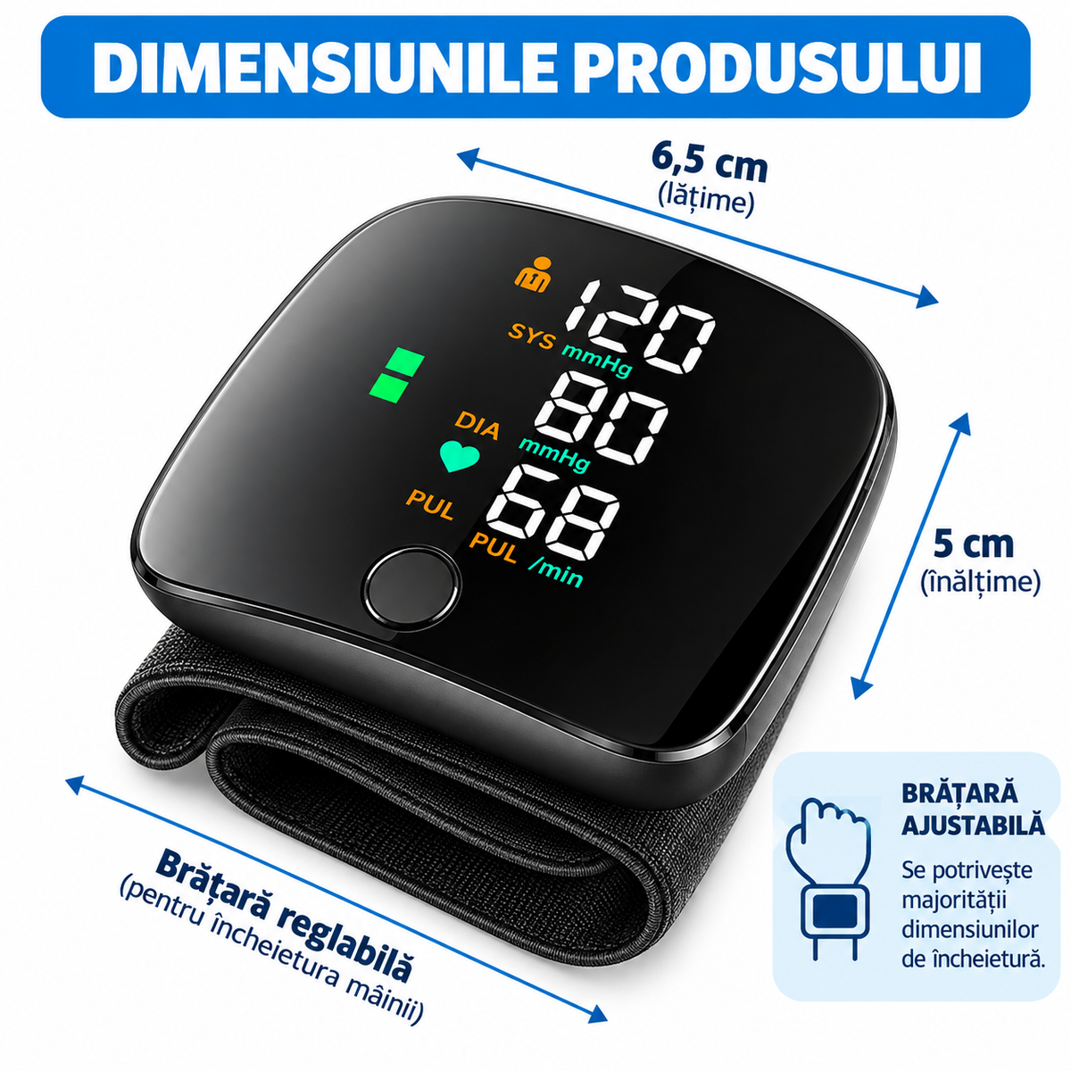 Tensiometru Digital de Încheietură, Ecran LED Mare, Măsurare Automată, Detectare Puls Neregulat, Memorie, Anunț Vocal, USB-C, Negru