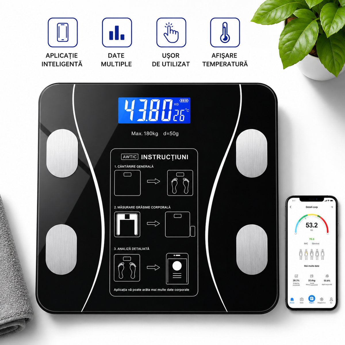 Cantar Smart Bluetooth 180 kg – Analiza Corporala, LED, Android/iOS