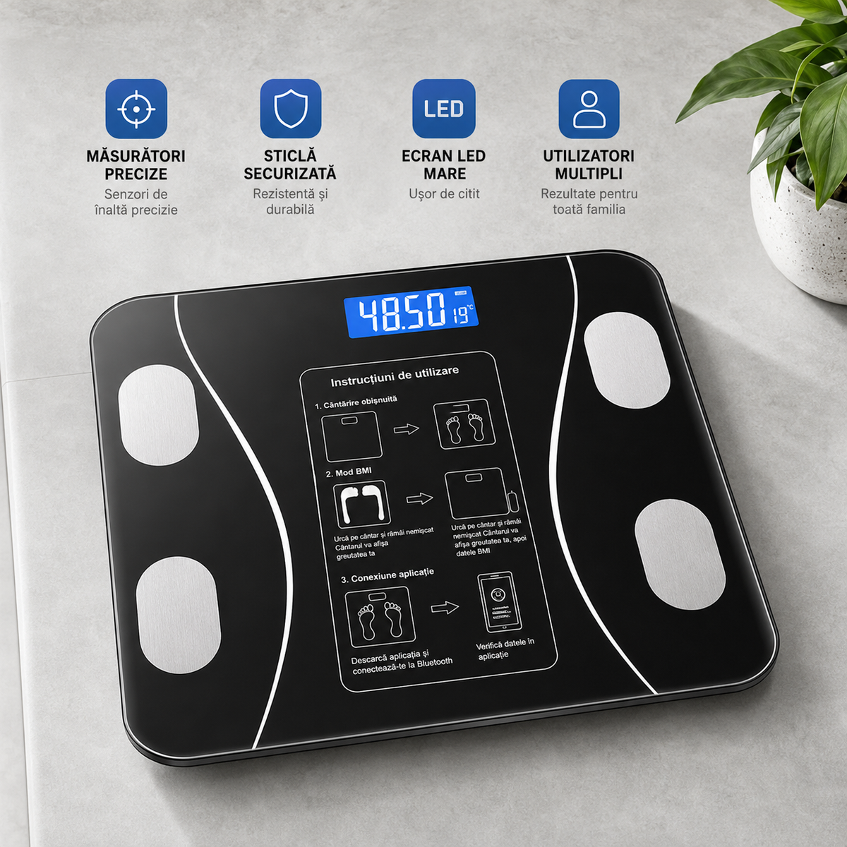 Cantar Smart Bluetooth cu Analiza Corporala Completa, IMC, Grasime, Masa Musculara si Apa Corporala, Aplicatie Android/iOS, Display LED, 180 Kg, Sticla Securizata PromotiiZilnice