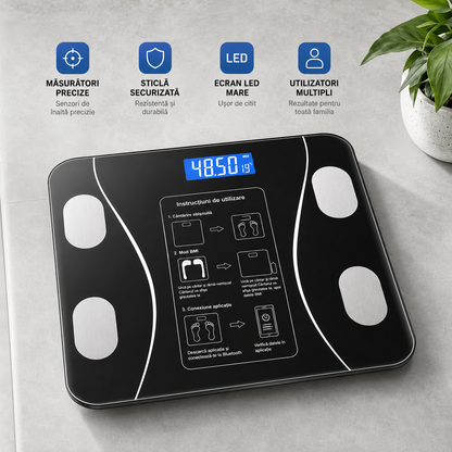 Cantar Smart Bluetooth cu Analiza Corporala Completa, IMC, Grasime, Masa Musculara si Apa Corporala, Aplicatie Android/iOS, Display LED, 180 Kg, Sticla Securizata PromotiiZilnice
