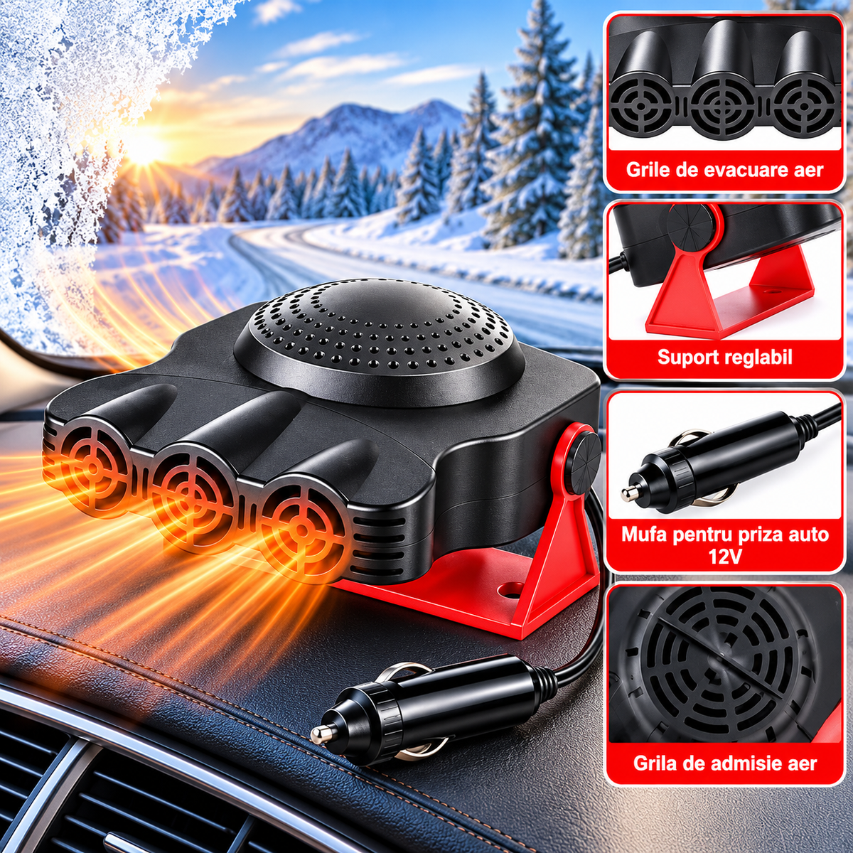 Aeroterma Auto 12V 200W, cu Aer Cald si Ventilatie, Dezaburire si Dezghetare Parbriz, Alimentare la Priza