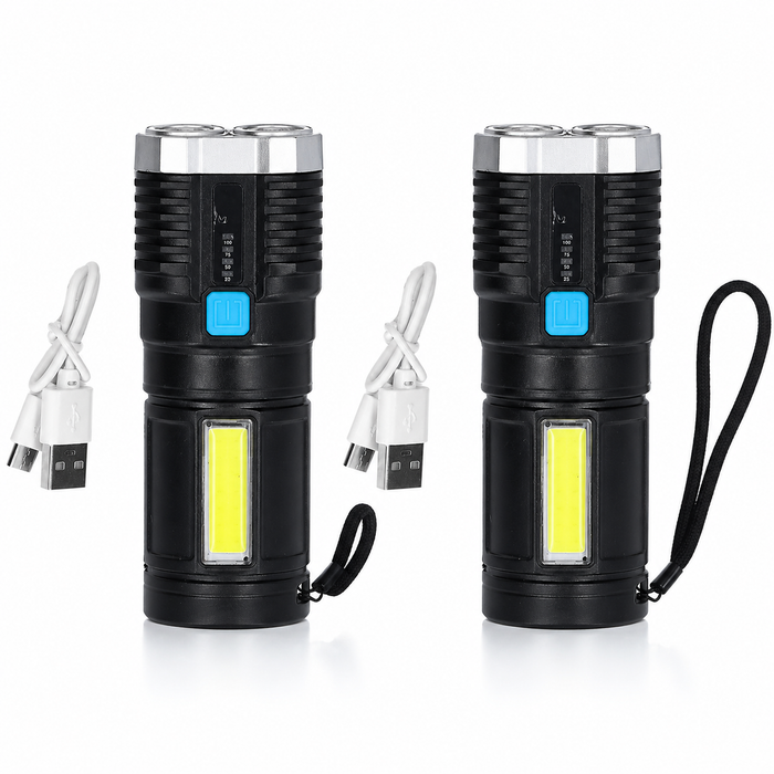 Set 2 bucati lanterna LED reincarcabila USB, 1200mAh, 4 moduri iluminare, COB + LED frontal, indicator baterie, pentru camping si uz casnic