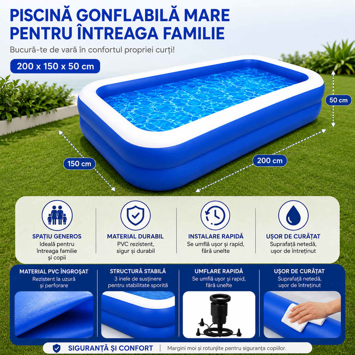 Piscina Gonflabila Familiala 200x150x50 cm, PVC, Pompa Inclusa
