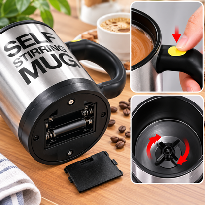 Set 2 Căni cu Amestecare Automată Self Stirring Mug, Inox, Capac, Buton Pornire