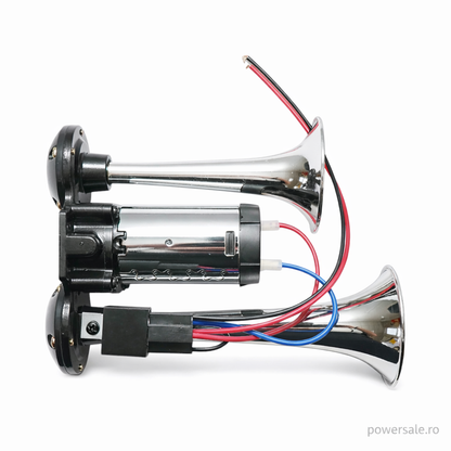 Claxon auto premium cromat cu doua goarne, compresor inclus, 12V