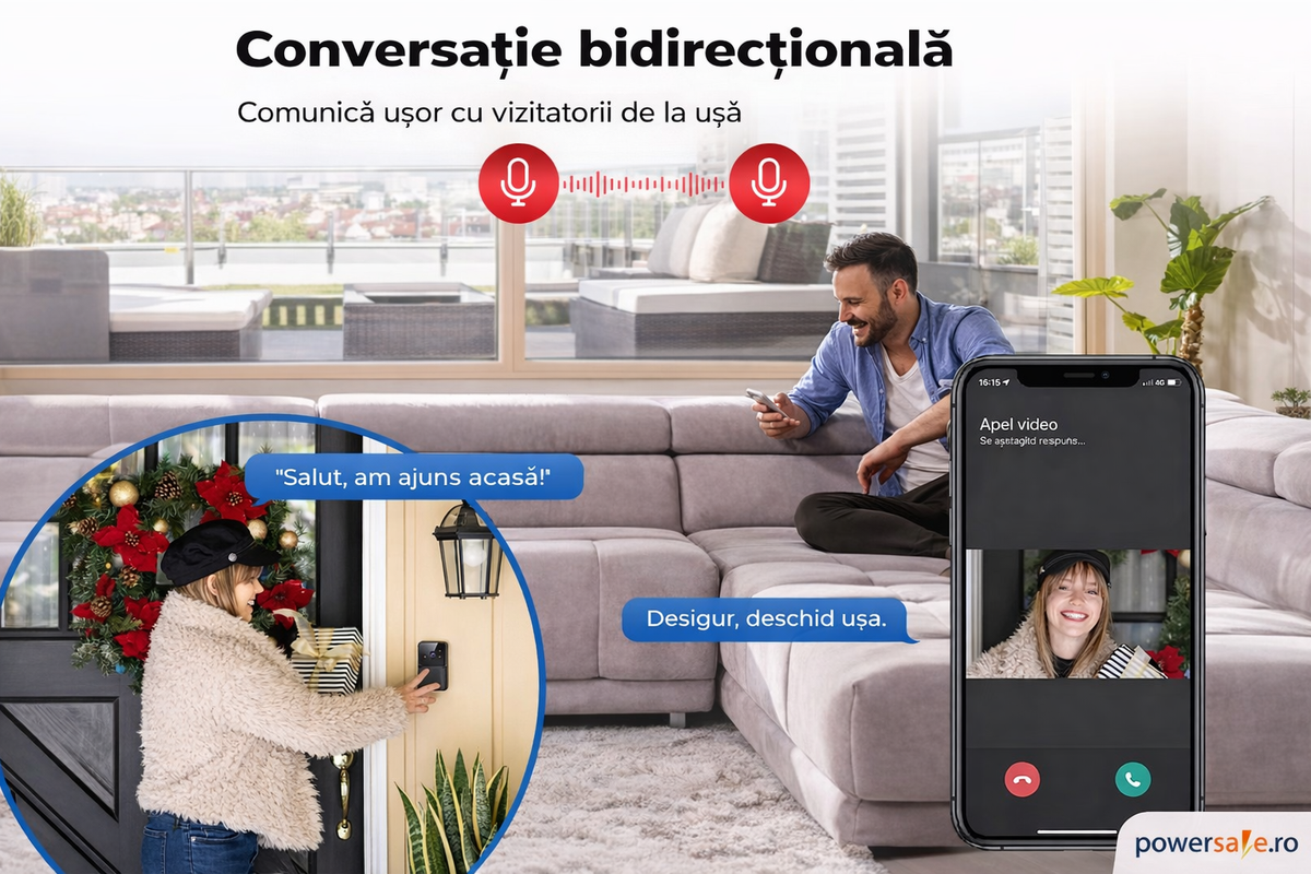 Sonerie video wireless HD 720p cu vedere nocturnă și audio bidirecțional