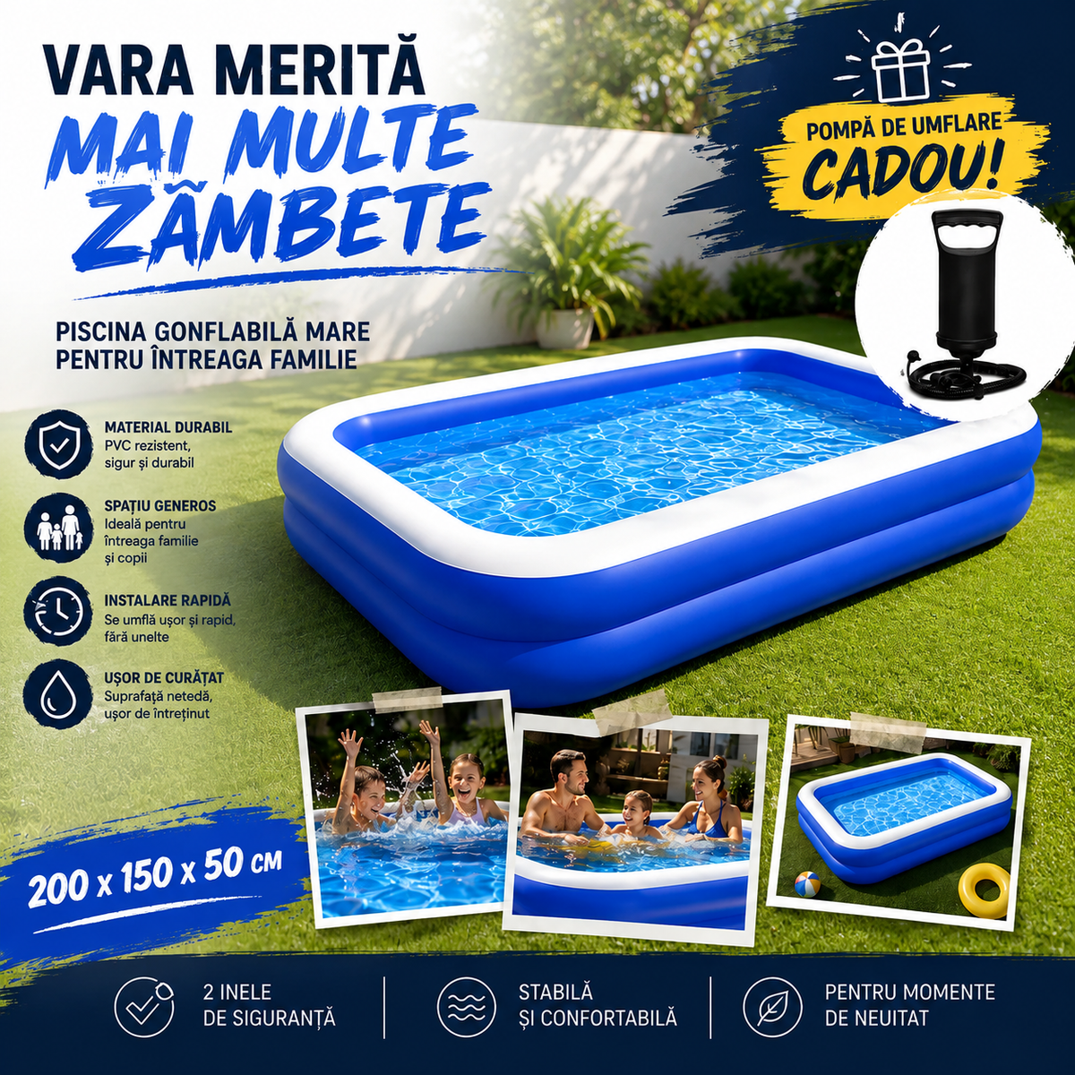 Piscina Gonflabila Familiala 200x150x50 cm, PVC, Pompa Inclusa