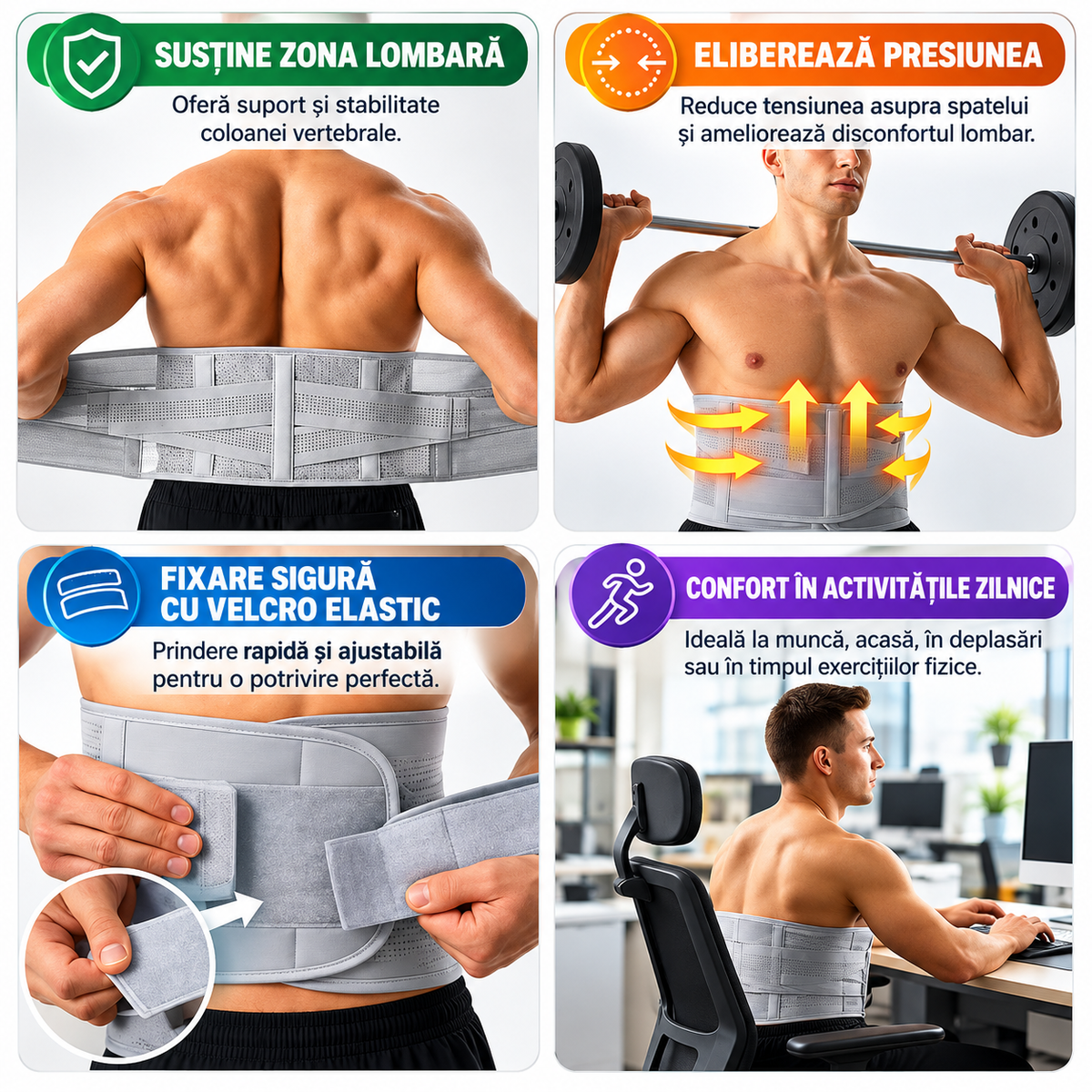 Centură Lombară Ajustabilă, Suport pentru Spate, Compresie Dublă, Material Respirabil, Fixare Velcro, Unisex, Gri