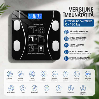 Cantar Smart Bluetooth cu Analiza Corporala Completa, IMC, Grasime, Masa Musculara si Apa Corporala, Aplicatie Android/iOS, Display LED, 180 Kg, Sticla Securizata PromotiiZilnice