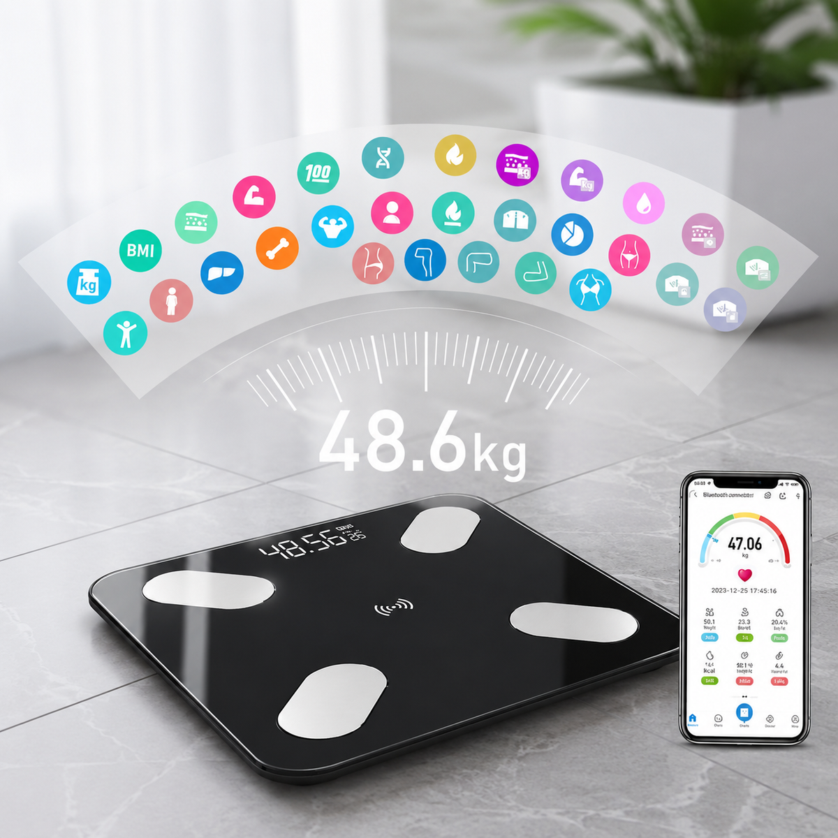 Cantar Smart Bluetooth cu Analiza Corporala Completa, IMC, Grasime, Masa Musculara si Apa Corporala, Aplicatie Android/iOS, Display LED, 180 Kg, Sticla Securizata PromotiiZilnice