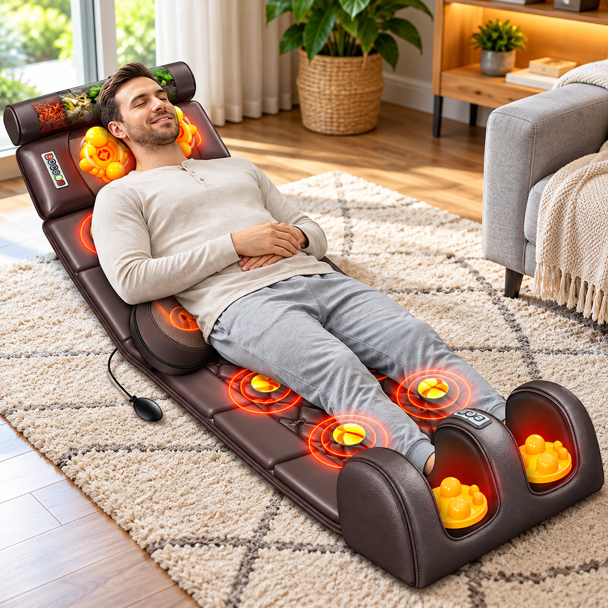 Saltea de Masaj Corporal 5 în 1, cu Încălzire, Shiatsu, Vibrații, Tracțiune cu Aer, 20 Noduri Cervicale, 24 Noduri pentru Picioare, Pliabilă