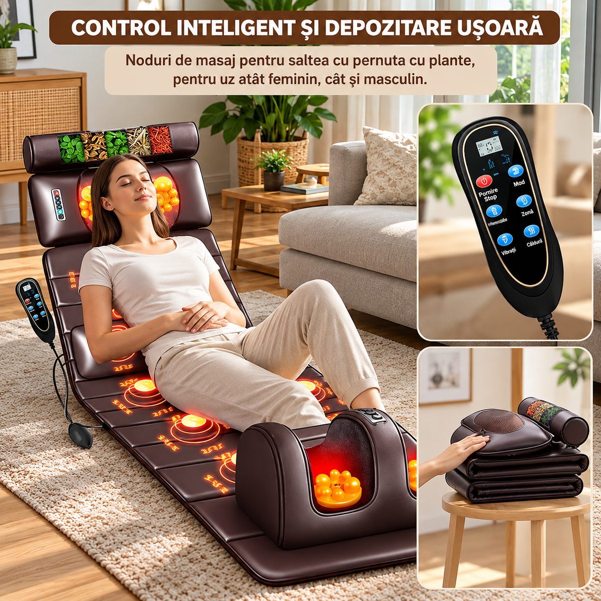 Saltea de Masaj Corporal 5 în 1, cu Încălzire, Shiatsu, Vibrații, Tracțiune cu Aer, 20 Noduri Cervicale, 24 Noduri pentru Picioare, Pliabilă