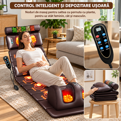 Saltea de Masaj Corporal 5 în 1, cu Încălzire, Shiatsu, Vibrații, Tracțiune cu Aer, 20 Noduri Cervicale, 24 Noduri pentru Picioare, Pliabilă