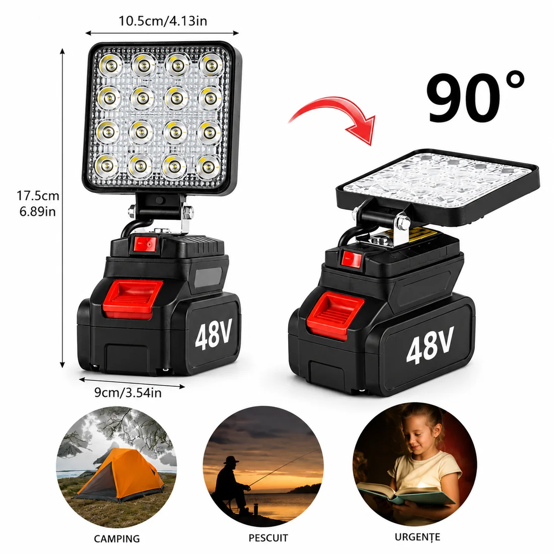 Lampă LED Portabilă 48W cu Acumulator 48V și Cap Reglabil 90°