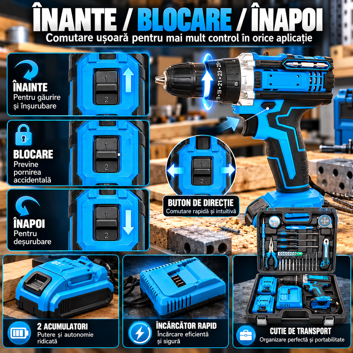 Set Bormașină cu Acumulator 48V, 2 Acumulatori, Valiză și Accesorii