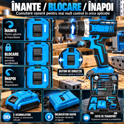 Set Bormașină cu Acumulator 48V, 2 Acumulatori, Valiză și Accesorii