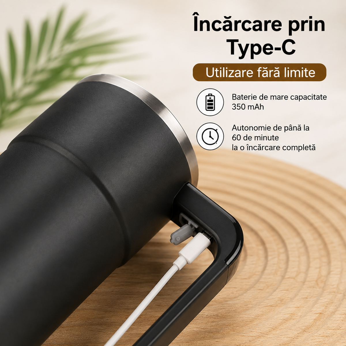 Cană Automată cu Amestecare Magnetică, Inox, Afișaj Temperatură, USB Type-C