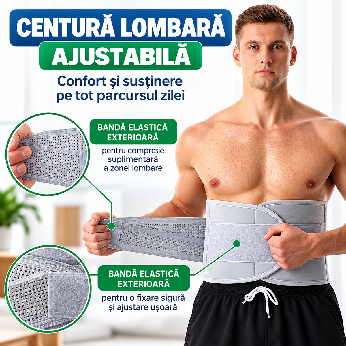Centură Lombară Ajustabilă, Suport pentru Spate, Compresie Dublă, Material Respirabil, Fixare Velcro, Unisex, Gri