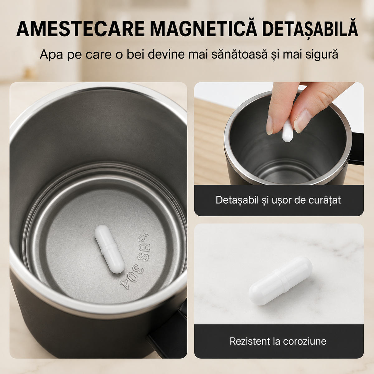 Cană Automată cu Amestecare Magnetică, Inox, Afișaj Temperatură, USB Type-C