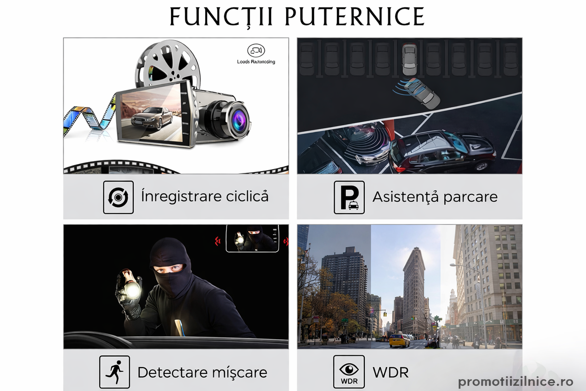 Cameră Auto Full HD 1080P cu Unghi Larg 170°, Viziune Nocturnă, G-Sensor, Înregistrare în Buclă, Ecran LCD 4”, WDR – Cameră de Bord pentru Siguranță Auto PromotiiZilnice
