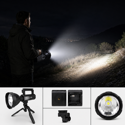 Lanterna LED Profesionala 4000 Lumeni cu Powerbank, Trepied Inclus, 4 Moduri Iluminare, USB, Raza Lunga + CADOU Lanterna Frontala cu Senzor Miscare - Boomsale.ro