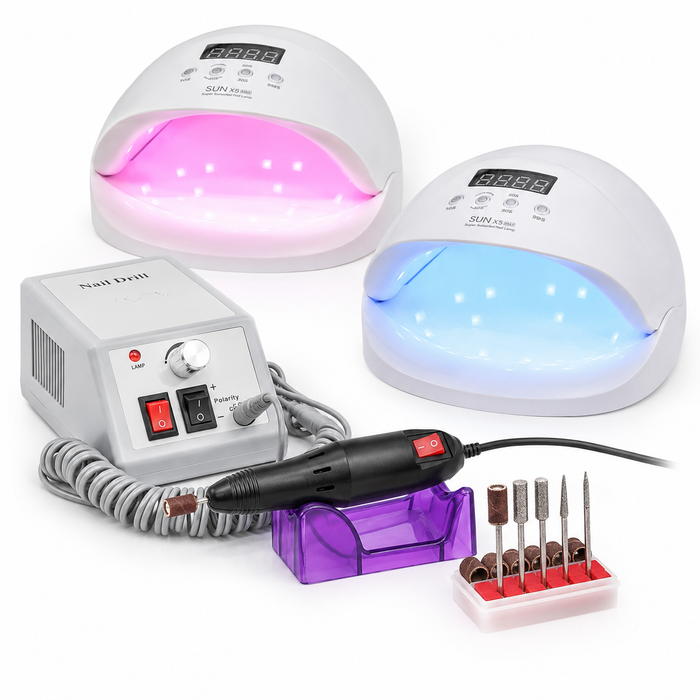 Set Profesional Manichiură UV LED – Freză Electrică Unghii + 2 Lămpi UV/LED pentru Gel, Semi și Pedichiură | Kit Complet Salon Acasă
