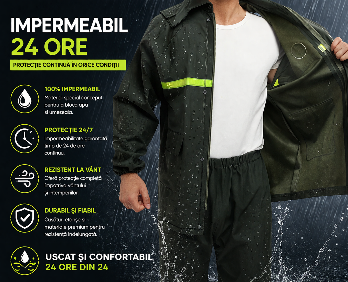 Costum Impermeabil Ploaie Profesional, Set Geaca si Pantaloni, Cu Gluga, Respirabil, Reflectorizant, Protectie Completa Exterior-Marime Universala-
