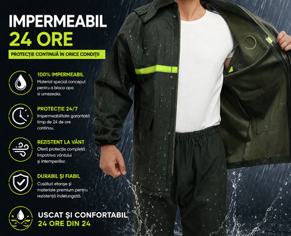 Costum Impermeabil Ploaie Profesional, Set Geaca si Pantaloni, Cu Gluga, Respirabil, Reflectorizant, Protectie Completa Exterior-Marime Universala-